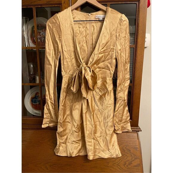 Free People - FELICITY PLUNGED TIE FRONT MINI DRESS - PORCINI by Shona Joy size - Picture 9 of 16